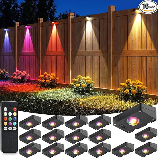 VOLISUN Solar Fence Lights with Remote Control, Fence Lights Solar Powered, IP65 Waterproof LED, RGB Color Changing Solar Light for Fence, Yard, Wall, Backyard (16 Pack,Black)