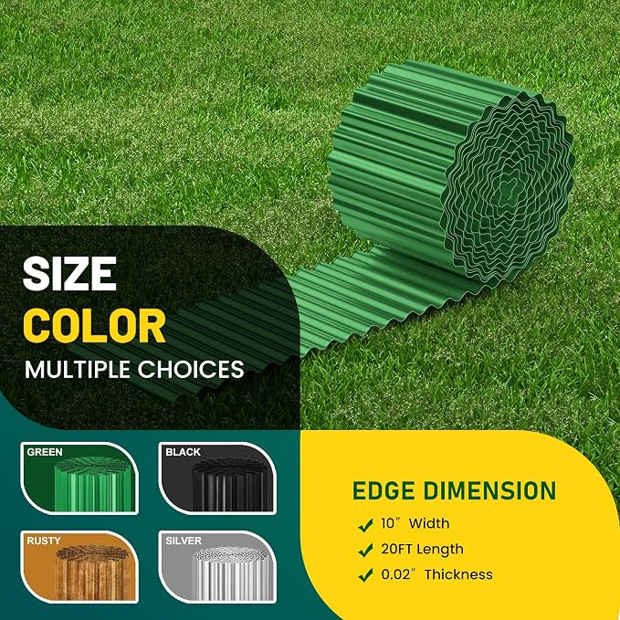 Corrugated Metal Garden Edging, 10"×20Ft Landscape Edging Border for Garden, Flower Bed, Lawn and Landscape Edging (Green)