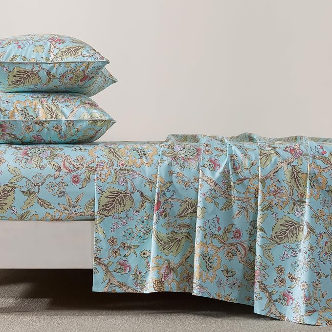 FADFAY Twin Sheet Set 4 Piece 100% Egyptian Cotton Bed Sheets Deep Pocket, Soft Breathable Vintage Blue French Country Bedding Shabby Cottagecore Floral Bedding Luxury Hotel Quality for All Seasons