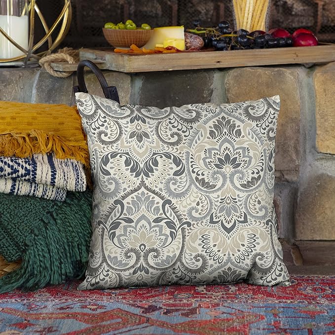 Arden Outdoor Toss Pillow, 16 x 16, Rain-Proof, Fade Resistant Neutral Aurora Damask