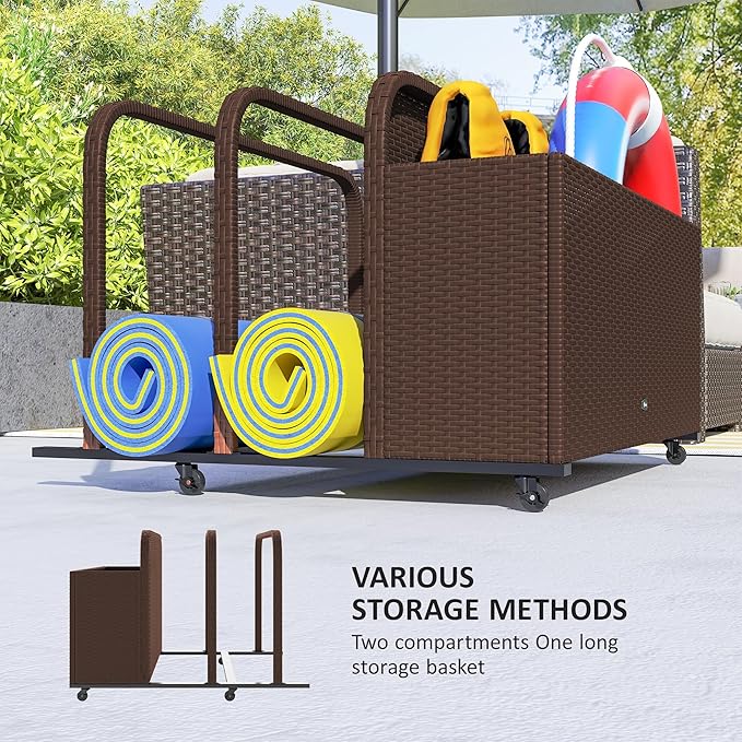 Outsunny Wicker Patio Pool Float Storage Basket, PE Rattan Outdoor Pool Caddy with Rolling Wheels for Floaties, Noodles, Life Vests, Beach Balls, Patio Furniture, Brown