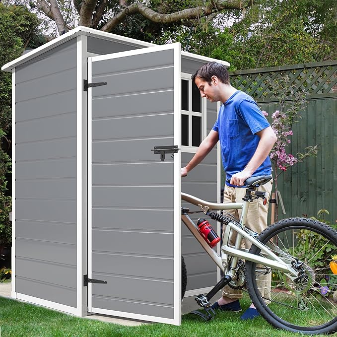 DWVO 5x3 FT Outdoor Storage Shed with Reinforced Floor, All-Weather Resin Storage Shed with Window & Lockable Door, Waterproof Plastic Tool Storage for Garden Patio