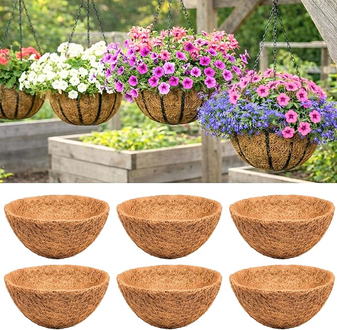 LaLaGreen 16" (6 Pack, Round) Coco Liners for Hanging Basket – Medium Coir Replacement for Garden Pot, Outside Planter Holder, Farmhouse Decor – Multi Sizes 8/10/12/14/18/20 Inch & Different Shapes