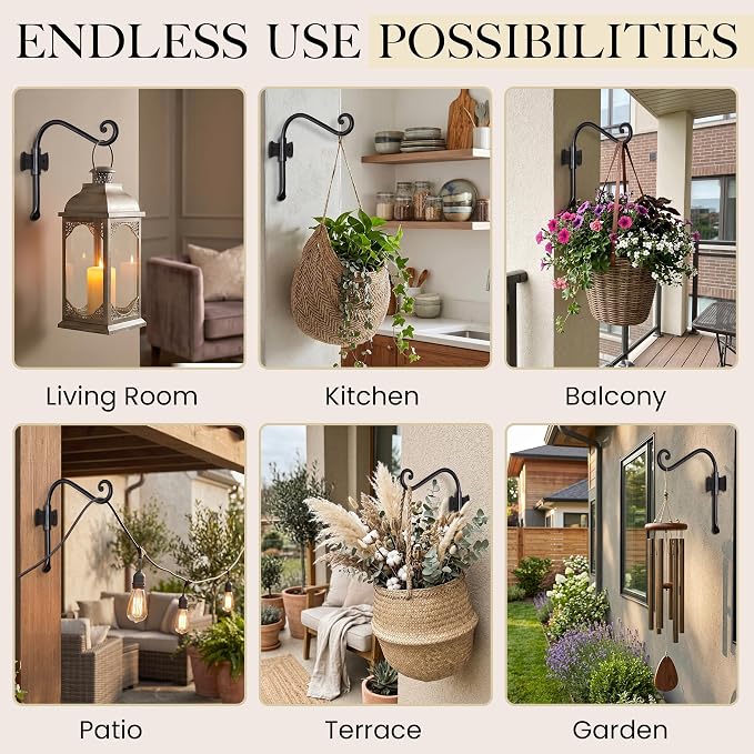 RTZEN Plant Hangers Outdoor or Indoor - Wrought Iron Metal Hanger Indoor Hook - Heavy Duty Wall Bracket Hooks for Hanging Plants Baskets Lanterns Bird Feeders - 2 Pack (Black Axe-Shape Hooks 7.5")