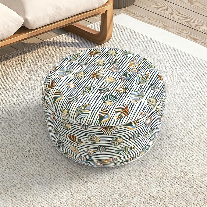 LVTXIII Indoor/Outdoor Large Inflatable Ottoman Pouf D31 x H14 Inch, Round Footstool with Handle, Weather-Resistant Portable Furniture for Patio, Camping, Beach, Cabana Shells