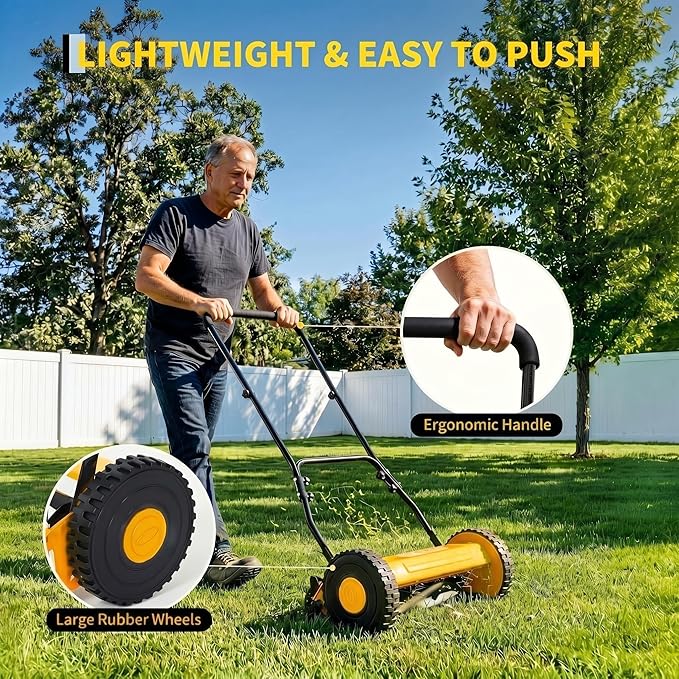 16" Push Lawn Mower, Manual Hand Push Lawn Mower Without Grass Catcher, Lightweight & Portable Walk-Behind Mower for Small Yards, Garden & Patio
