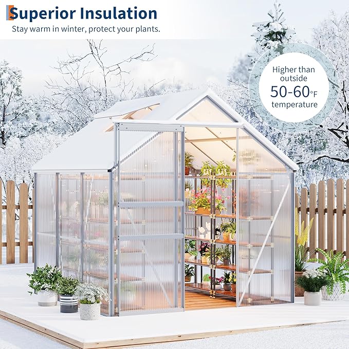 6x6FT Greenhouse for Outdoors, Walk-in Polycarbonate Greenhouse with Sliding Door, Adjustable Roof Vent & Gutter System, Portable Outdoor Green House Kit for Winter Gardening