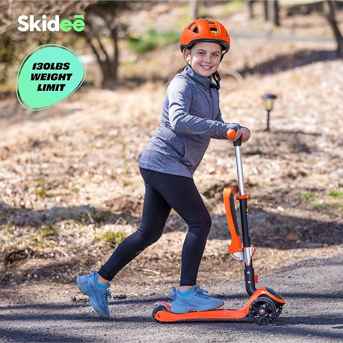 SKIDEE Kick Scooter for Kids Ages 3-5 | Foldable 3 Wheel Scooter with Lean-to-Steer, Adjustable Height, Removable Seat & LED Light Wheels | Toddler Scooter Up to 12 Year Old Boys/Girls