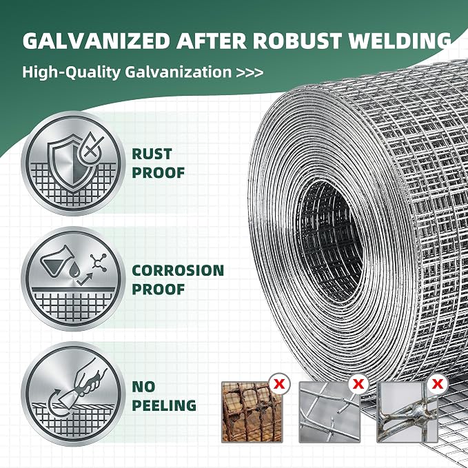 16 Gauge Galvanized Hardware Cloth 48in x 100ft Silver 1 inch Welded Garden Fence Roll for Gardens, Chicken Coops & Poultry Animal Netting Cage