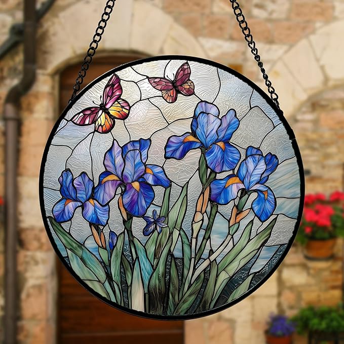 DASTOLL Stained Glass Window Hanging, Blue Iris Flowers Butterfly Suncatcher Diamond Colorful Glass Panel Sun Catchers Decor for Birthday for Women, Men, Wife, Aunt, and Mom 15x15 in