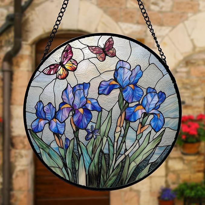 DASTOLL Stained Glass Window Hanging, Blue Iris Flowers Butterfly Suncatcher Diamond Colorful Glass Panel Sun Catchers Decor for Birthday for Women, Men, Wife, Aunt, and Mom 7.8 in