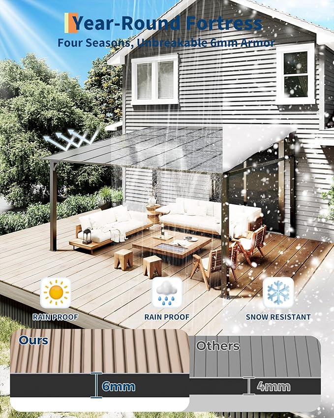 GarveeLife 12 ft x 16 ft Lean to Gazebo, Hardtop Wall Pergola with Polycarbonate Roof, Aluminum Frame Mounted Gazebo for Lawn Patio Deck Yard and Party