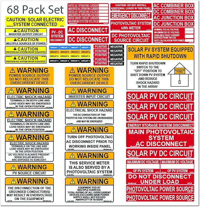 68 Pack 2017/2020/2023 NEC Code Compliant Photovoltaic Solar System Label Kit Electrical Panel Safety Stickers Outdoor Rated Laminated Strong Adhesive Waterproof