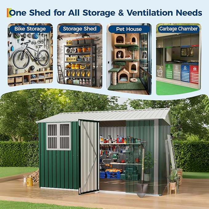 Garvee 10X8 FT Storage Shed with Cross Windows & Double Doors, 450 Cu Ft Large Outdoor Tool Shed, Garden Shed for Riding Mower, Bike, Lawn Equipment - All Weather Meta