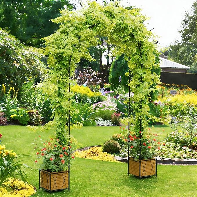 Heavy Duty Garden Arch Trellis for Climbing Plants Outdoor, Metal Garden Arbors Archway Arched Trellis with Planter Boxes, Wedding Arches for Ceremony Arch Backdrop Stands for Party Decorations, Black
