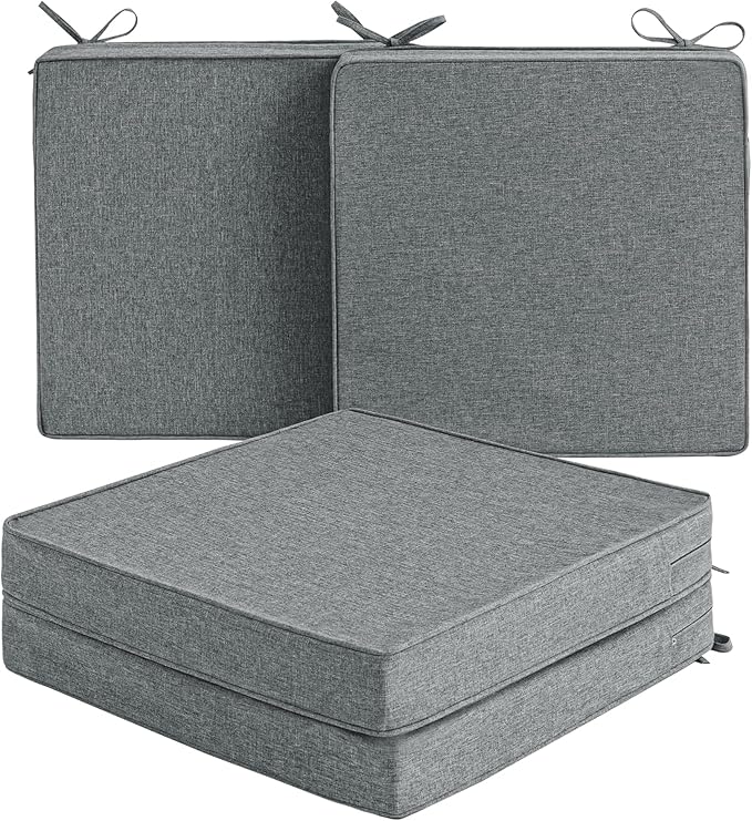Outdoor Chair Cushions, Water-Resistant & Fade-Resistant, Patio Furniture Square Seat Replacement Chair Pads with Ties, Removable Cover, Non-Slip Bottom, Set of 4, 19 x 19 Inch, Dark Grey