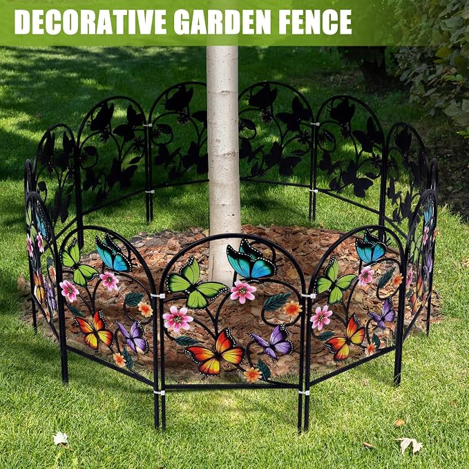 Yaocom 12 Pack Bright Butterfly Decorative Garden Fence 23.5''H x 13'W Animal Barrier Border Butterfly Flower Design Metal Arch Garden Fence Border for Spring Outdoor Patio Yard Landscape Decor