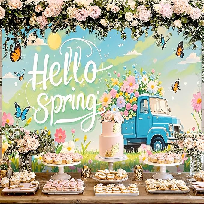BlissYard Hello Spring Backdrop Decoration Garden Floral Banner 8x6ft Spring Photo Backdrop Vintage Truck Background for Spring Party Easter Celebration Photo Booth Event Wall Display