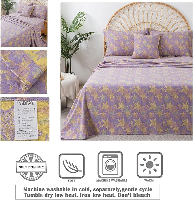 FADFAY Beach Theme Sheets Set Queen Purple Yellow Starfish Ocean Bedding Coastal Nautical Bedding Super Soft Washed Double -Layer Muslin Sheets 100% Cotton Deep Pocket Fitted Sheet 4Pcs, Queen Size