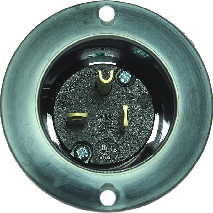 Journeyman-Pro 5378 20 Amp 120-125 Volt, NEMA 5-20P Flanged Inlet, 2500 Watt Black RV/Marine Commercial Grade, Straight Blade Plug Charger Receptacle (w/Back & Front Cover)