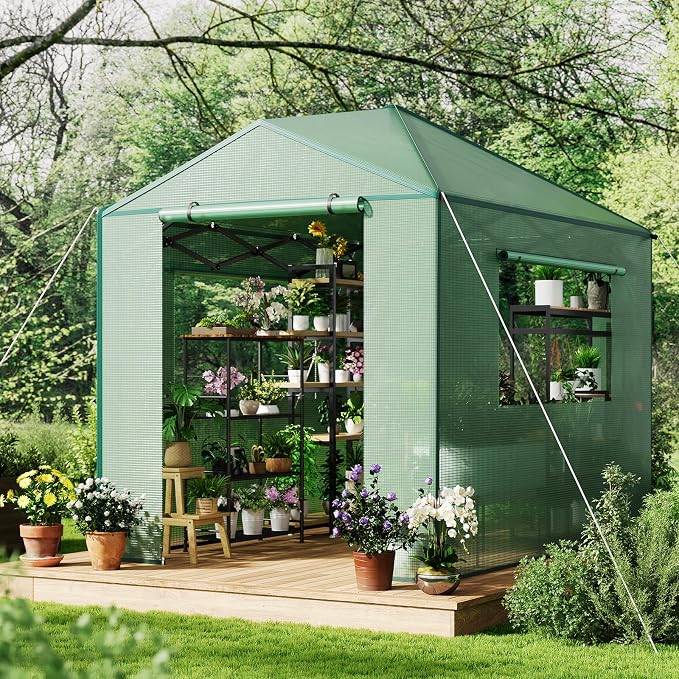 6x8 FT Pop-Up Greenhouse with Durable PE Cover, 96"x72" Large Grow Tent for All Seasons | Features Zippered Doors & Mesh Windows for Indoor/Outdoor Plants, Easy to Assemble (Green)