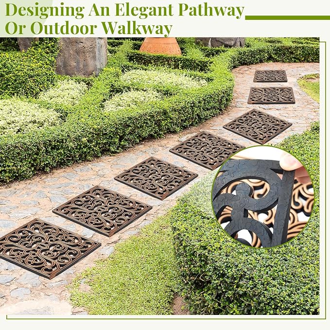 Pangda 8 Pcs Rubber Stepping Stones Outdoor Garden Walkway, 12 x 12 Inch Heavy Duty Pathway Pavers Retro Decorative Stepping Stones for Outside Landscaping Yard Lawn Path (Scroll Square,Copper)