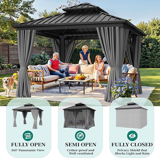 YITAHOME 10X10FT Hard Top Gazebo Patios Outdoor Double Roof Canopy Aluminum Frame Garden Gazebo with Curtains Netting for Backyards Decks Lawns, Gray