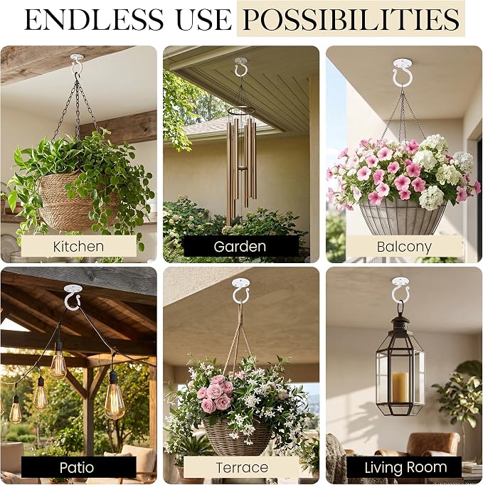 RTZEN Plant Hangers Outdoor or Indoor - Wrought Iron Metal Hanger Indoor Hook - Heavy Duty Wall Bracket Hooks for Hanging Plants Baskets Lanterns Bird Feeders - 2 Pack (White Ceiling Hooks 3.1")