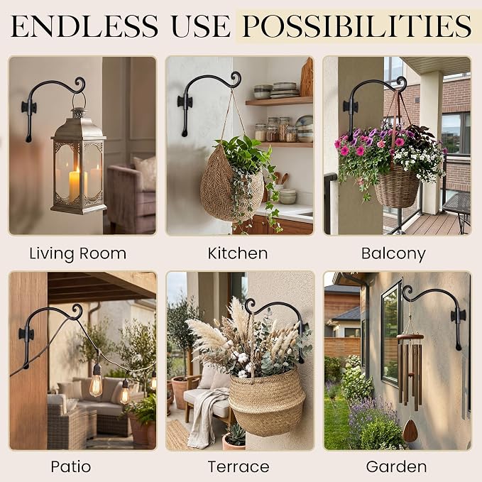 RTZEN Plant Hangers Outdoor or Indoor - Wrought Iron Metal Hanger Indoor Hook - Heavy Duty Wall Bracket Hooks for Hanging Plants Baskets Lanterns Bird Feeders - 2 Pack (Black Axe-Shape Hooks 10")