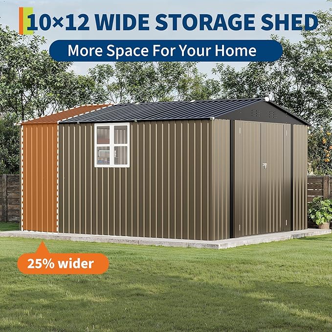 Garvee 10X12 FT Storage Shed with Cross Windows & Lockable Door，Large Outdoor Metal Shed，Peaked Roof Garden Shed for Lawn Mower, Bike, Tools - All Weather Secure Storage