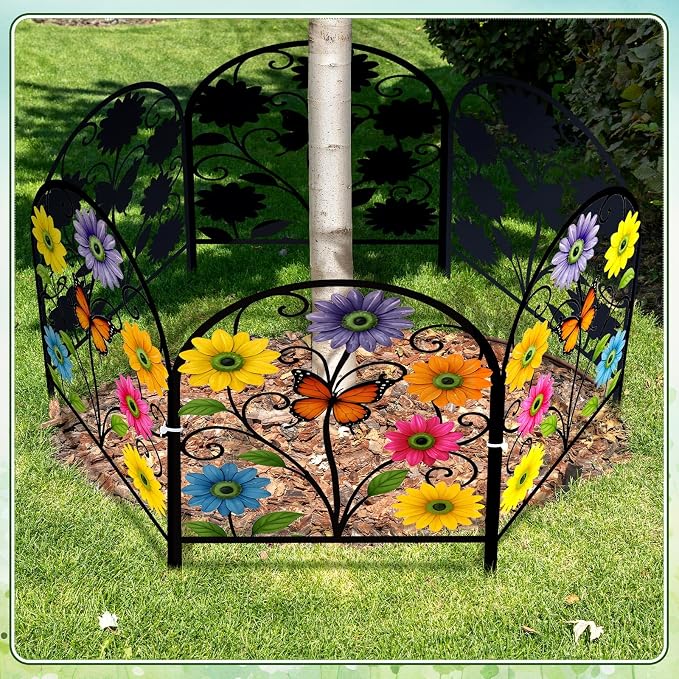 Yaocom Flower Decorative Garden Fence, 6 Pack 16.5''h x 11.8''w Metal Animal Barrier Border, Floral Butterfly Design Arched Garden Fence Panels for Spring Outdoor Yard Lawn Patio Flower Bed Decor