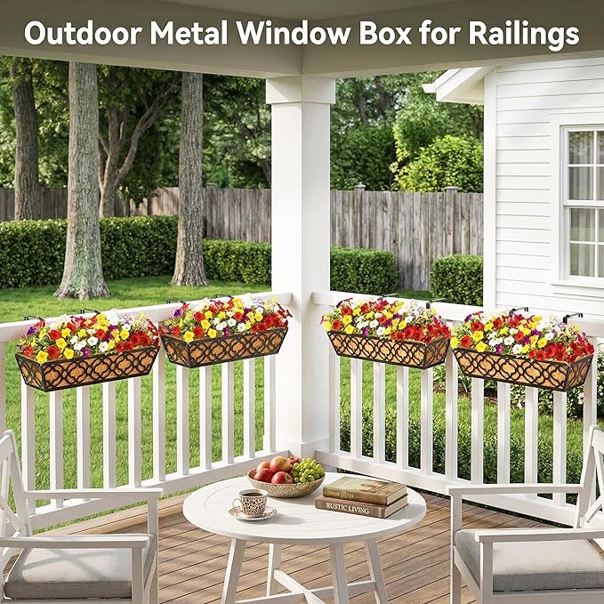 24 Inch Railing Planter Box with Coco Liner, Adjustable Metal Hanging Planter, Window Box for Balcony Deck Fence, Outdoor Flower Box Black, 2 Pack