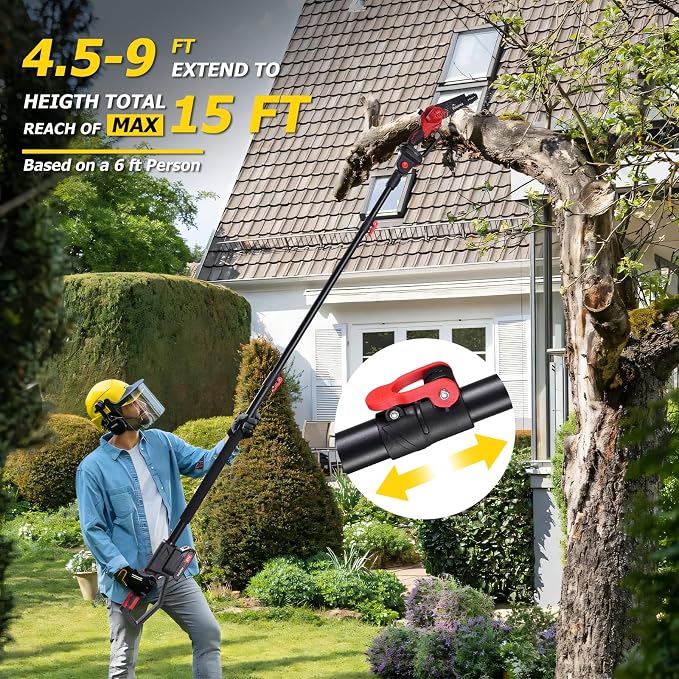 2-IN-1 Cordless Pole Saw and Mini Chainsaw, 8 Inch Brushless Electric Pole Saws for Tree Trimming, Auto Oiling,15ft Max Extension Pole Chainsaw with 2 * 2000mAh Batteries for Branch Cutting