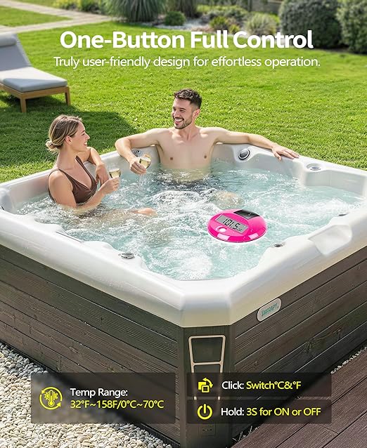 Sinbyuer 2026 Solar Digital Pool Thermometer with Rope | Easy Read Large LCD Display & Big Numbers Floating Pool Thermometer | High Precision & IP68 Waterproof Pools Temperature Gauge for Hot Tub-Pink