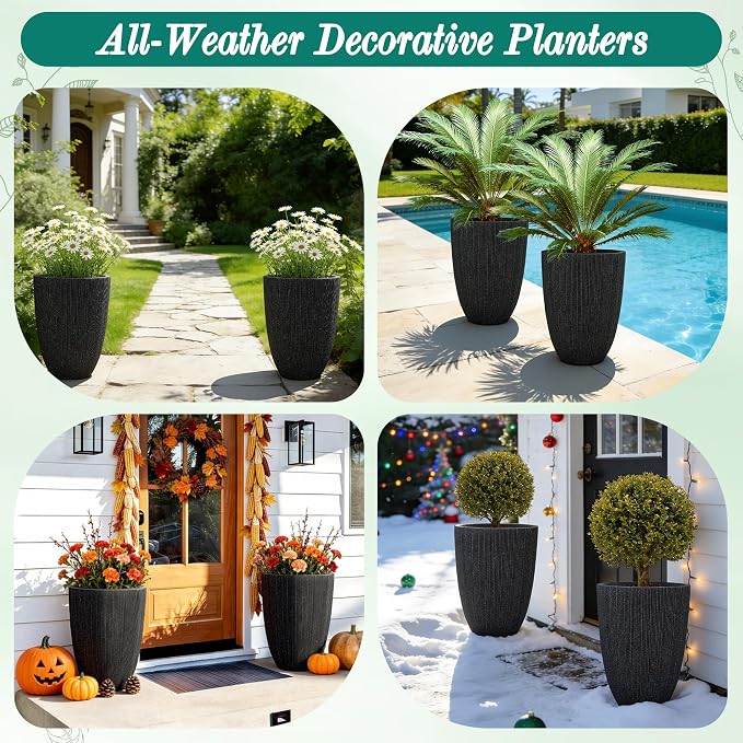 2 Pack 19" Tall Black Fluted Concrete-Look Resin Planters, Large Round UV-Resistant Flower Pots for Indoor Outdoor Plants, Decorative Ribbed Planters for Garden Patio Porch Home Office