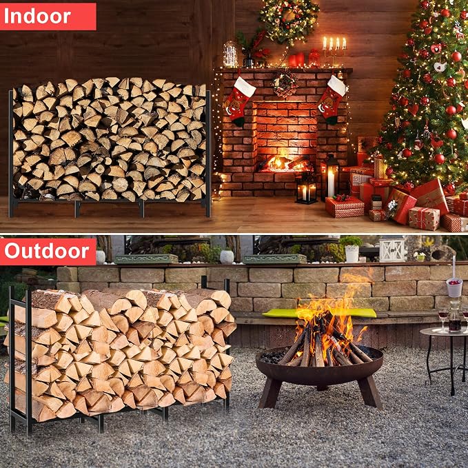 DIAMONDFORGE 4ft Firewood Rack Outdoor, Heavy Duty Fire Wood Stand, Metal Firewood Rack Indoor, Firewood Holder Storage, Log Wood Pile Racks Stand for Patio, Garden, Backyard, Matte Black