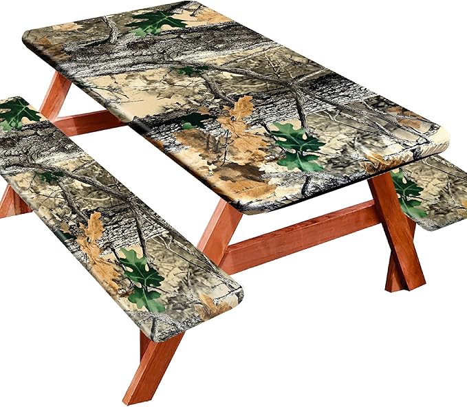 Picnic Table Cover with Bench Covers 72IN 6FT, Camping Essentials Tablecloth Waterproof Oilproof with elastic Edge for Indoor Outdoor Patio (Camouflage)