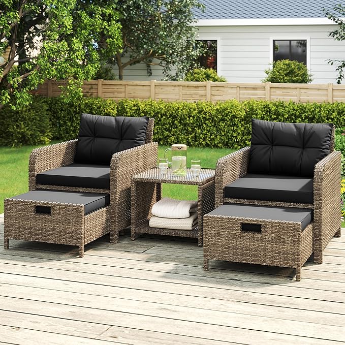 LHBcraft Outdoor Furniture 5 Piece Patio Conversation Set, PE Rattan Patio Set with Soft Cushions & Coffee Table, Outside Furniture with Hidden Ottoman for Porch, Lawn, Garden, Balcony, Black