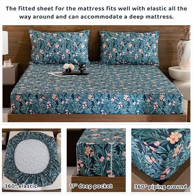 QSH Floral Egyptian Cotton Sheets Queen Size - Elegant Botanical Pattern Printed Bedding Sheets Queen Size Bed Extra Soft and Breathable 4pcs Deep Pockets Bed Sheets