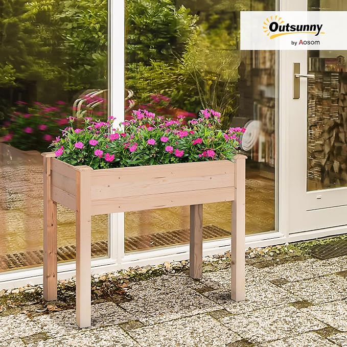Outsunny Raised Garden Bed with Legs, 34" x 18" x 30", Elevated Wooden Planter Box, Self-Draining with Bed Liner for Vegetables, Herbs, and Flowers Backyard, Patio, Balcony Use, Natural