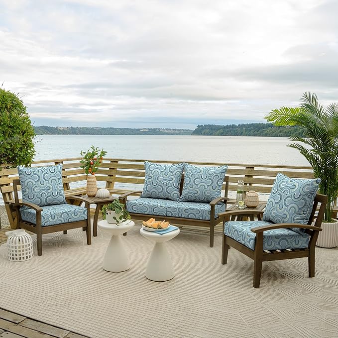 Arden Outdoor Foam Deep Seat Cushion Set (4-Pack), 24x24, Premium High-Density Foam, Never Flattens, Weather-Proof for Patio Chair Sofa Couch, Coastal Blue Geometric