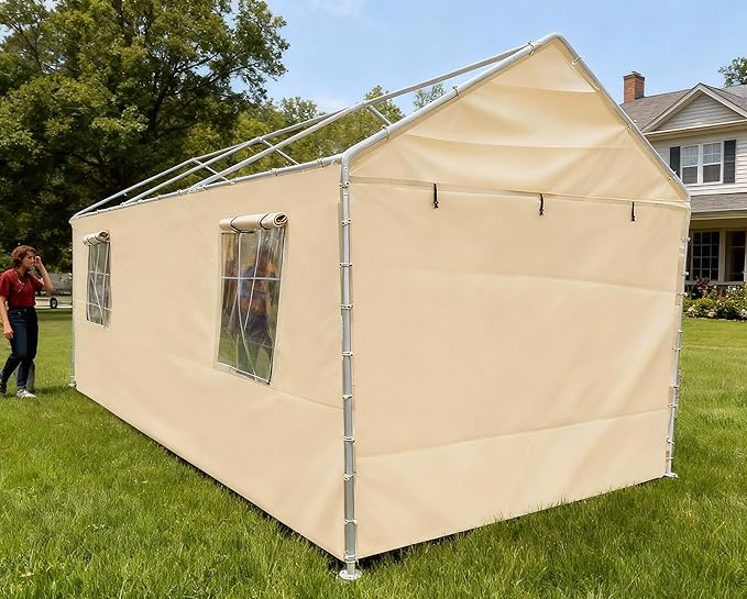 Rutile 10x20 Carport Replacement Sidewall, 180G PE Waterproof & UV Protected Sidewall Cover (Beige, Sidewall Panel with Mesh Windows)