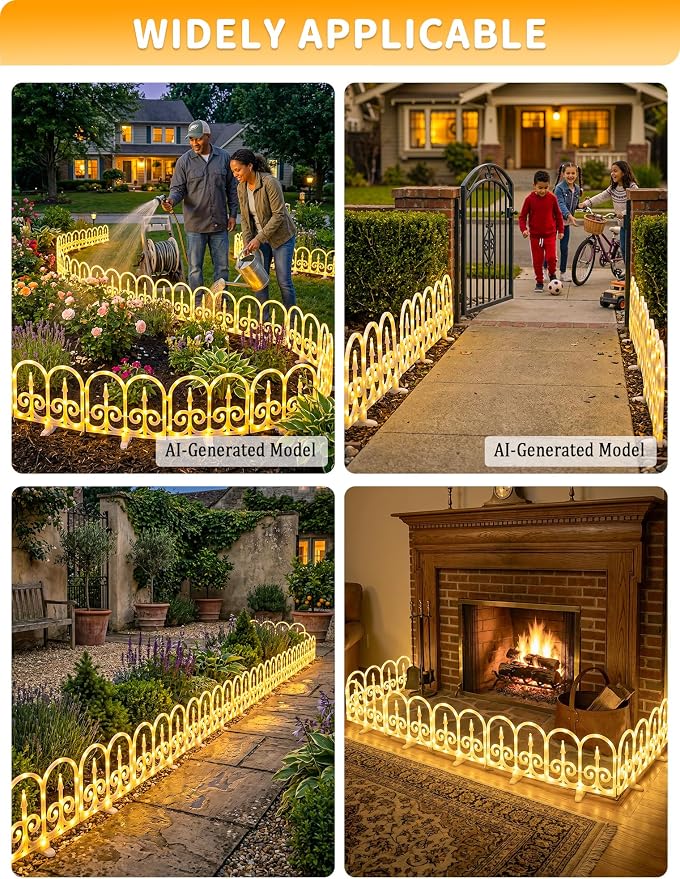 Hopolon 8 Pack Ornate Arch Fence Lights, 11.1in (H) X 9.1ft (L) Solar Powered Warm White Outdoor Garden Border Lights, Small Decorative Fence Barrier for Flower Bed Pathway Yard Lawn Patio Pet