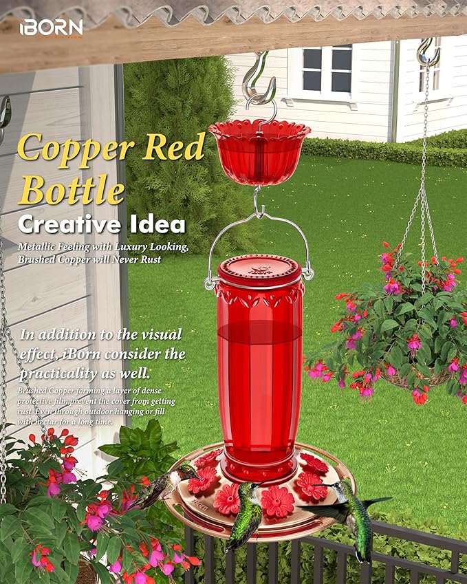iBorn Glass Hummingbird Feeder for Outdoors Hanging,8 Ports for 16oz,Red+19.5” Oversized Birdfeeder Baffle, Squirrel Defender,Chew-Proof PC, Transparent