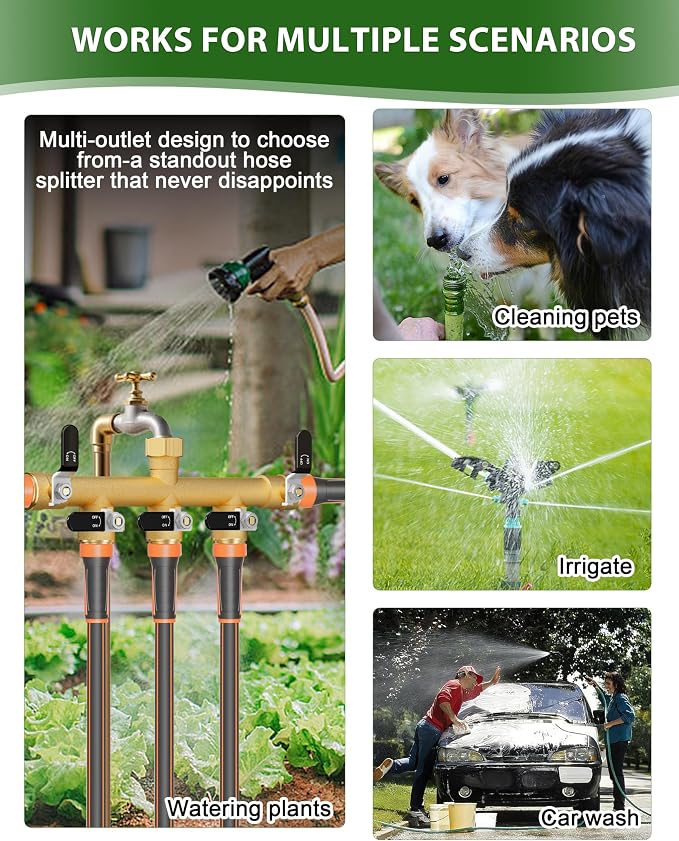 Garden Hose Splitter, 5 Way Heavy Duty Brass Hose Splitter, Water Hose Bib Spigot Splitter with 0.59" Full Flow Ball Valve Outlet & Shut-Off Valve 3/4'' Connector Outdoor Water Faucet Adapter