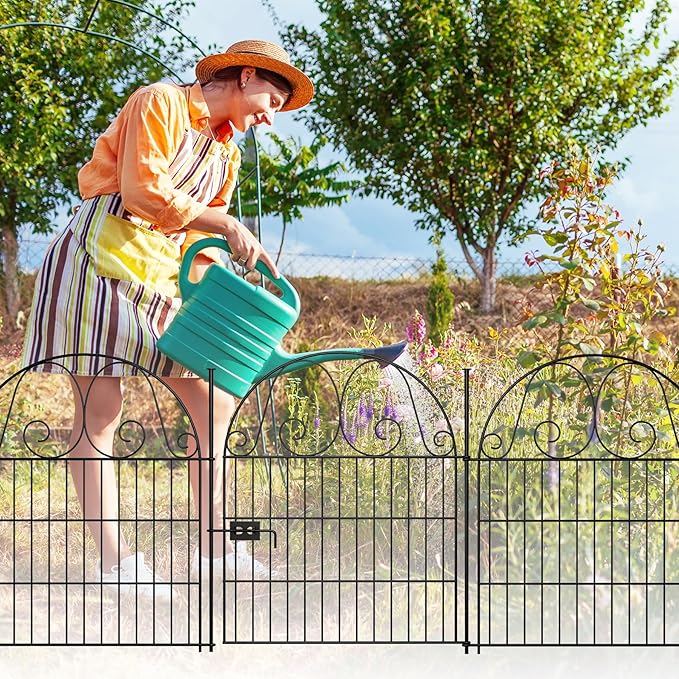 14 Pannels Garden Fence Animal Barrier,Decorative Garden Fence with Gate, No Dig Fencing for Yard,36in(H),Total Length 30.6Ft,Arched Metal Fence Panels,Rustproof Black