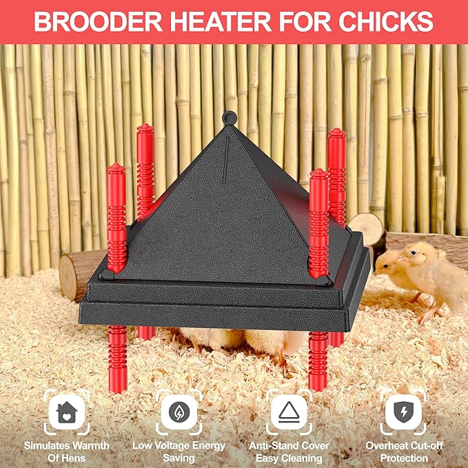 Chick Brooder Heating Plate with Anti Stand Cone, Adjustable Height Brooder Heater for Chicks, Downward Heat Distribution for Outdoor Barns & Coops (12" x 12" Black)