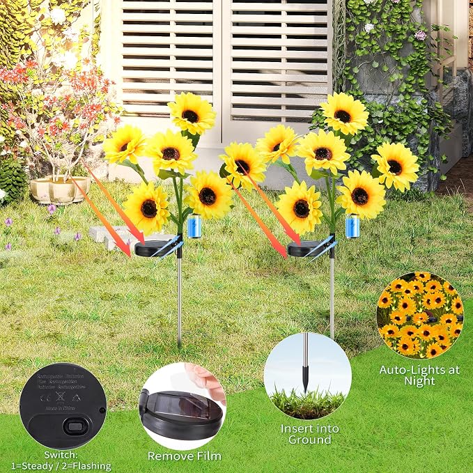4-Pack Solar Sunflower Garden Decor, 24 LED Flower Stake Lights - Waterproof Long-Lasting Outdoor Solar Patio Decor for Lawn, Yard & Pathway