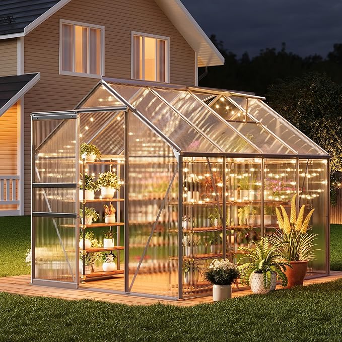 6x8FT Greenhouse for Outdoors, Walk-in Polycarbonate Greenhouse with Sliding Door, Adjustable Roof Vent & Gutter System, Portable Outdoor Green House Kit for Winter Gardening