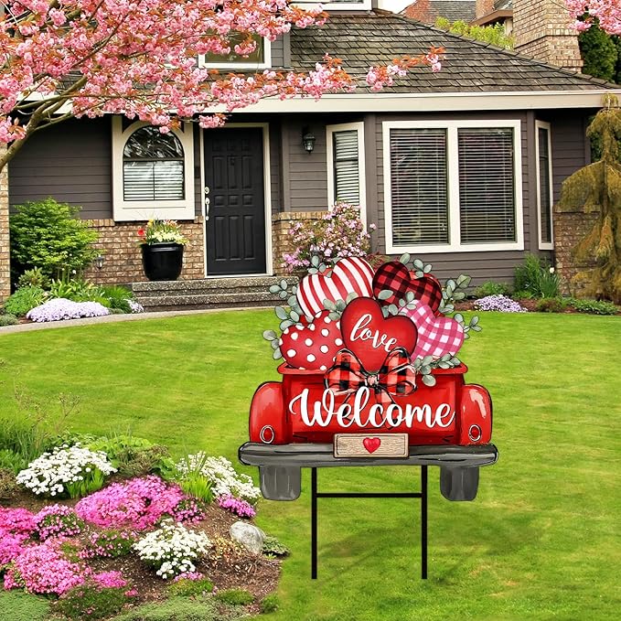 JarThenaAMCS Valentine' s Day Metal Garden Stake Welcome Yard Sign Red Love Heart Truck Decorative Lawn Sign for Wedding Anniversary Home Outside Lawn Porch Walkway Decor